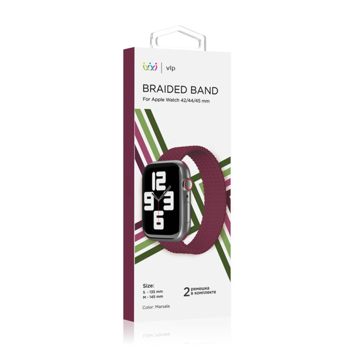 Ремешок-монобраслет VLP Braided Band Apple Watch 42/44/45mm S - M (2 шт.), марсала