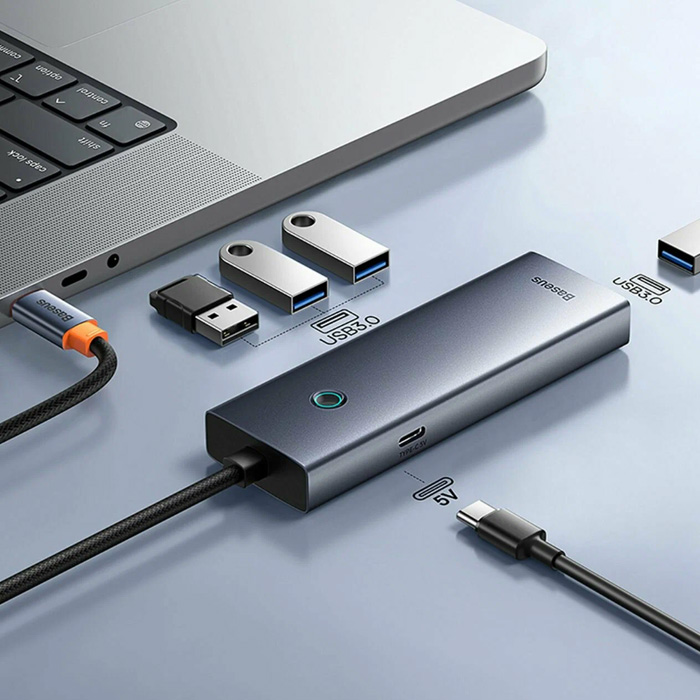 Хаб разветвитель Baseus Ultra Joy Series Type-C на 4 USB-A 3.0 + Type-C 5 В, серый космос