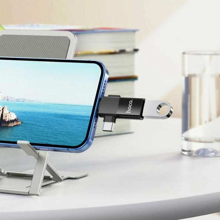 Адаптер OTG HOCO UA17 USB 2.0 - Type-C/Lightning, чёрный