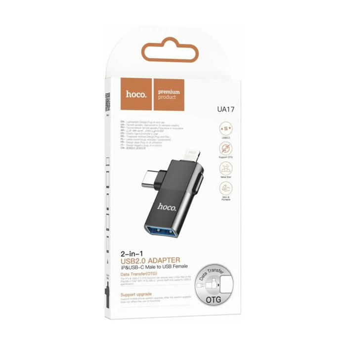 Адаптер OTG HOCO UA17 USB 2.0 - Type-C/Lightning, чёрный