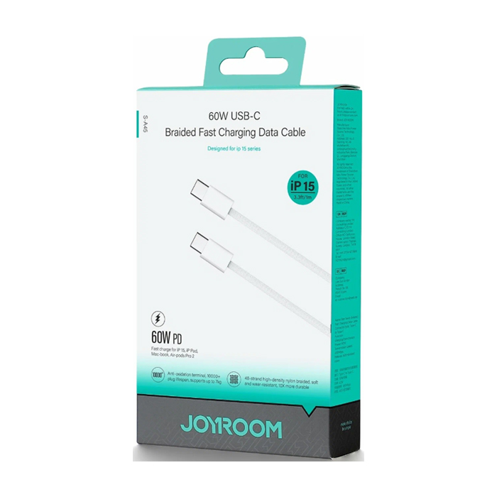 Кабель Joyroom S-A45 Ben Series Type-C - Type-C PD60 Вт (1.2 метра), нейлон, белый