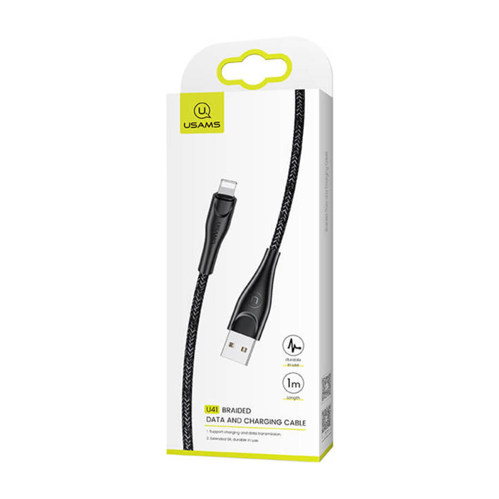 Кабель USAMS Braided USB Lightning (1 метр), тканевый, чёрный