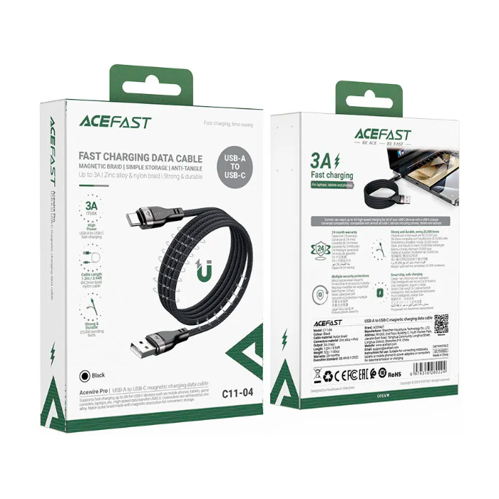 Кабель Acefast C11-04 USB Type-C (1.2 метра), плетёный, чёрный