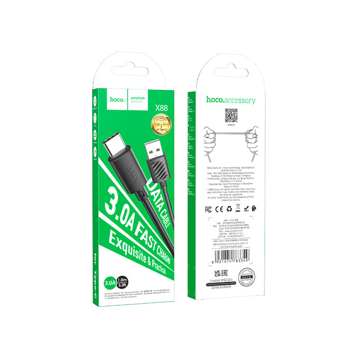 Кабель HOCO X88 Gratified USB Type-C (1m), чёрный