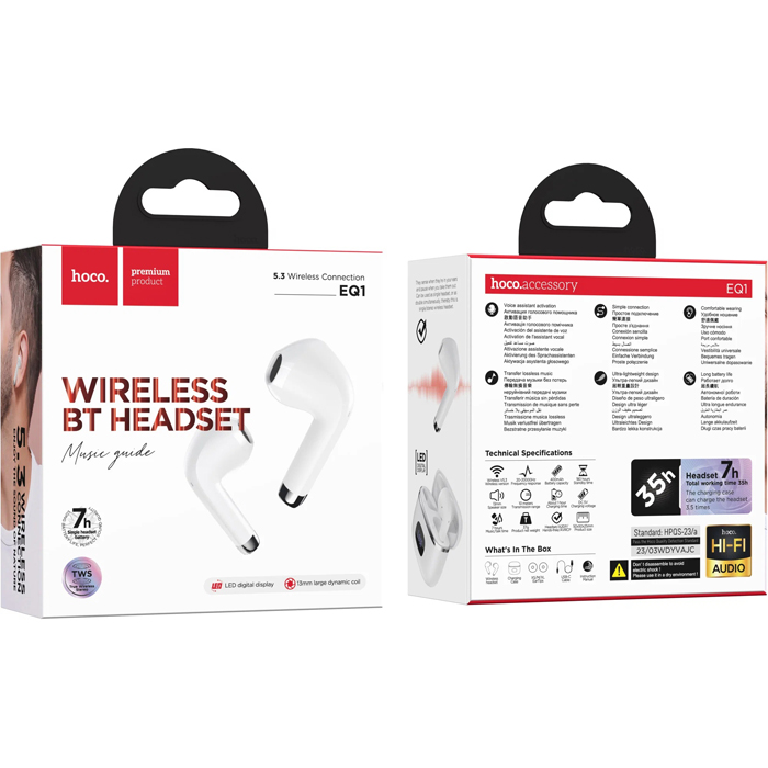 Беспроводные наушники HOCO EQ1 TWS Bluetooth 5.3, белые