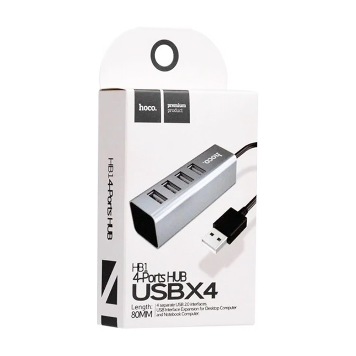 USB Хаб HOCO HB1 4xUSB 2.0 на USB (80 см), cеребро
