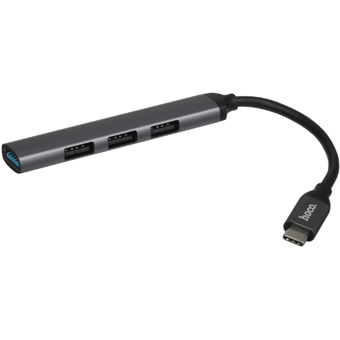 USB Хаб HOCO HB26 3xUSB 2.0 + 1xUSB 3.0 на Type-C (13 см), cерый