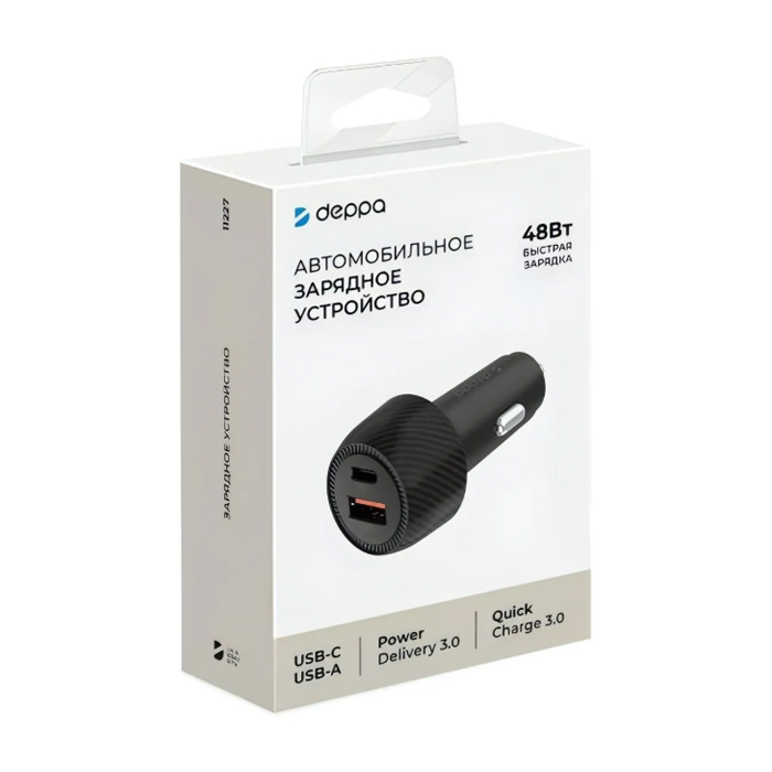Автомобильное зарядное устройство Deppa USB-C - USB-A QC3.0/PD3.0 (48W), чёрное