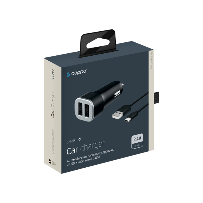 Автомобильное зарядное устройство Deppa Car Charger 2 USB + кабель micro USB, чёрное