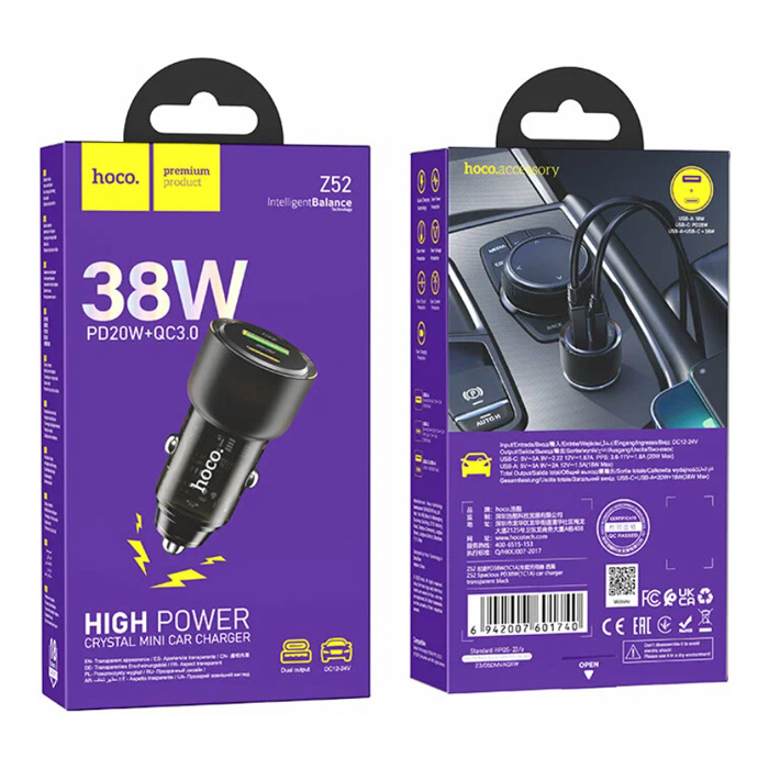 Автомобильное зарядное устройство HOCO Z52 USB-A - USB-C 38W, чёрное
