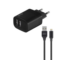 Сетевое зарядное устройство Axxa 2 USB-A (2.4A) 12W + кабель USB Lightning, чёрное