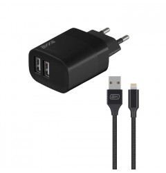Сетевое зарядное устройство Axxa 2 USB-A (2.4A) 12W + кабель USB Lightning, чёрное