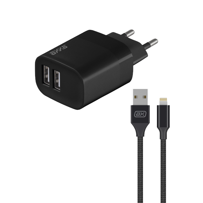 Сетевое зарядное устройство Axxa 2 USB-A (2.4A) 12W + кабель USB Lightning, чёрное