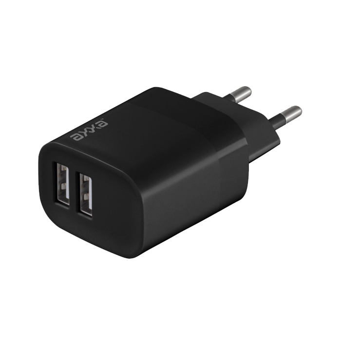 Сетевое зарядное устройство Axxa 2 USB-A (2.4A) 12W + кабель USB Lightning, чёрное