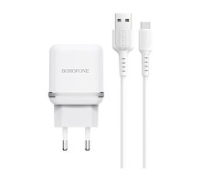 Сетевое зарядное устройство Borofone BA25A 2 USB-A + кабель USB Type-C (2.4A), белое
