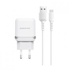 Сетевое зарядное устройство Borofone BA25A 2 USB-A + кабель USB Type-C (2.4A), белое