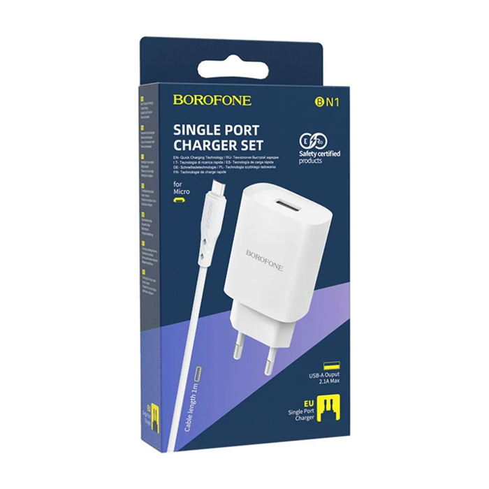 Сетевое зарядное устройство Borofone BN1 USB-A (2.1A) + кабель micro USB, белое