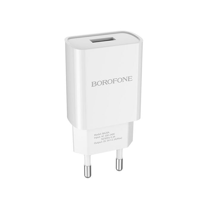 Сетевое зарядное устройство Borofone BA20A Sharp USB-A (2.1A), белое