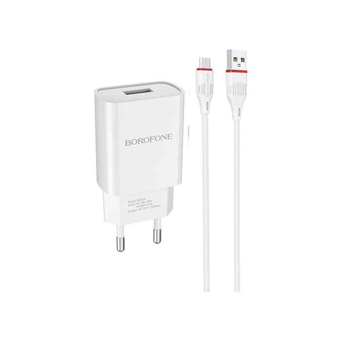 Сетевое зарядное устройство Borofone BA20A USB-A (2.1A) + кабель micro USB, белое