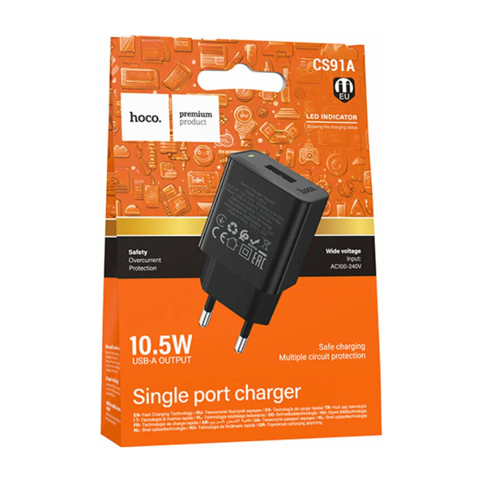 Сетевое зарядное устройство HOCO CS91A Leader USB-A (2.1A) 10.5W, чёрное
