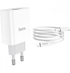 Сетевое зарядное устройство HOCO C80A USB-C 20W USB-A QC3.0 + кабель Type-C Lightning, белое