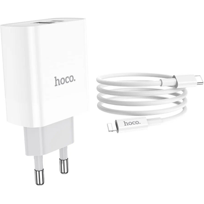 Сетевое зарядное устройство HOCO C80A USB-C 20W USB-A QC3.0 + кабель Type-C Lightning, белое