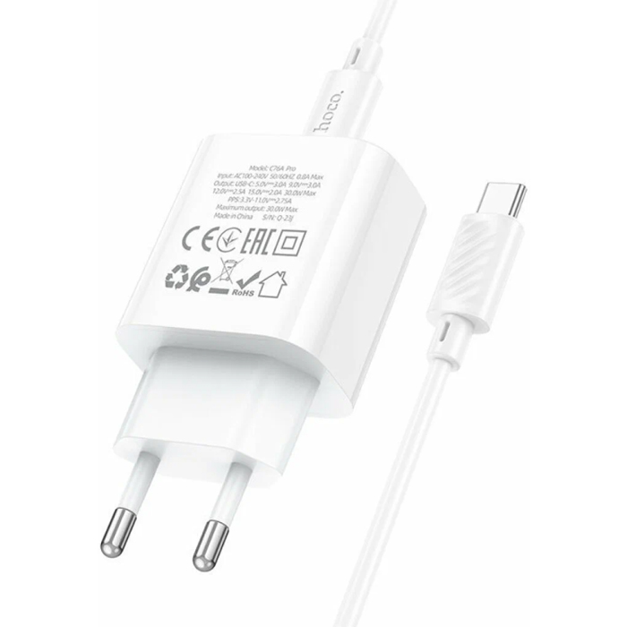 Сетевое зарядное устройство HOCO C76A Pro USB-C PD30W + кабель Type-C Type-C, белое