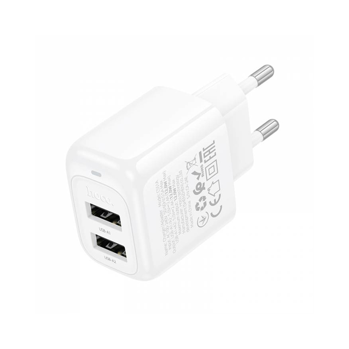 Сетевое зарядное устройство HOCO CS51A 2 USB-A (2.4A) 12W, белое