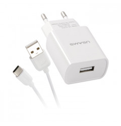 Сетевое зарядное устройство USAMS T21 USB-A + кабель USB Type-C (2.1A), белое