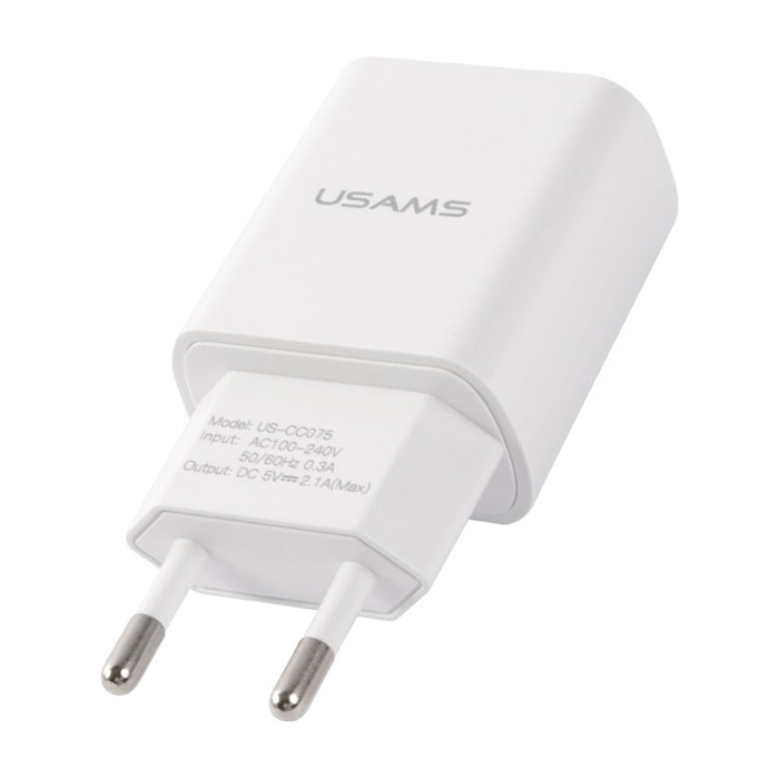 Сетевое зарядное устройство USAMS T21 USB-A + кабель USB Type-C (2.1A), белое