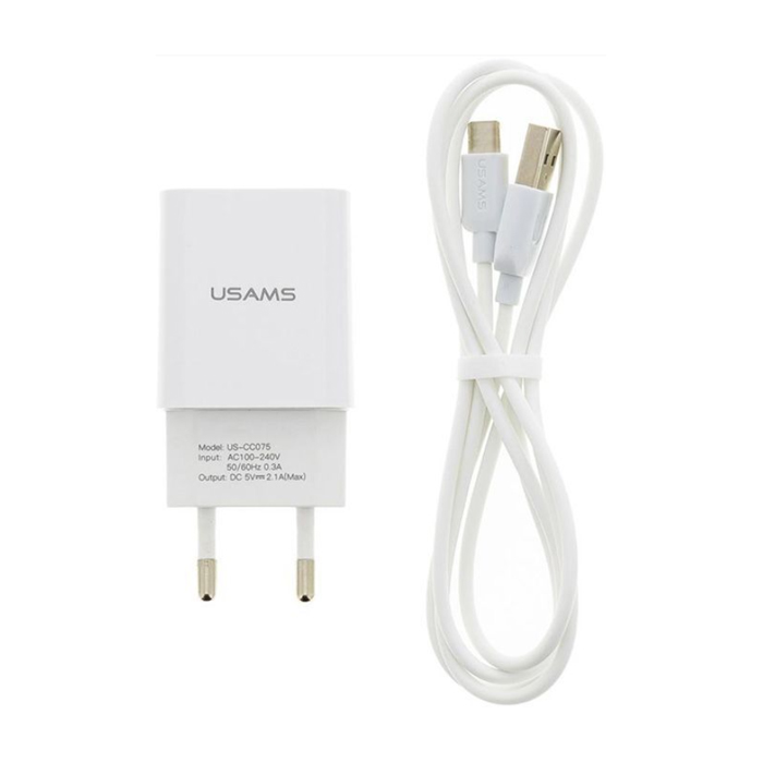 Сетевое зарядное устройство USAMS T21 USB-A + кабель USB Type-C (2.1A), белое